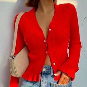 Commense Red Ribbed Button-Up Cardigan
